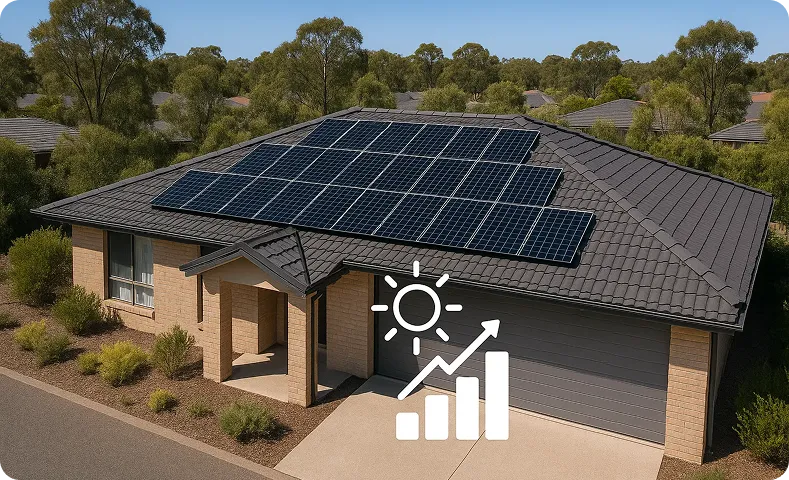 Home with solar panels and a rising bar graph, highlighting lower energy bills from clean power.