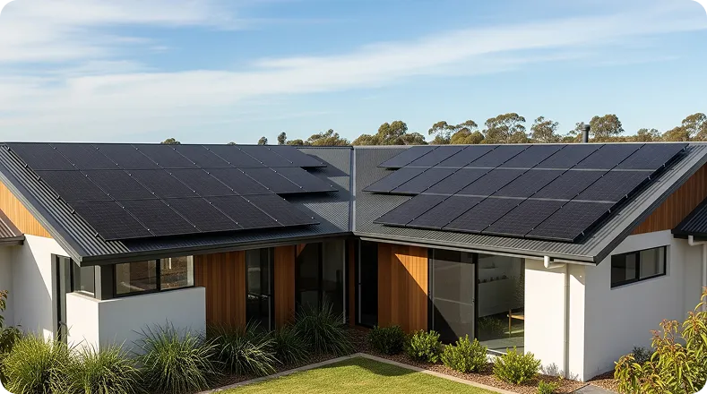 Sleek solar-powered house with clean lines, panels across multiple roof sections, and a sunny backyard garden.