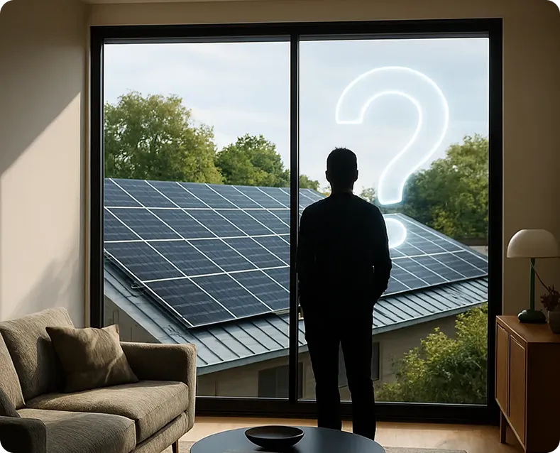 A person in a cozy living room staring out at solar panels on a neighbor’s roof, with a question mark showing they’re thinking about switching to solar.