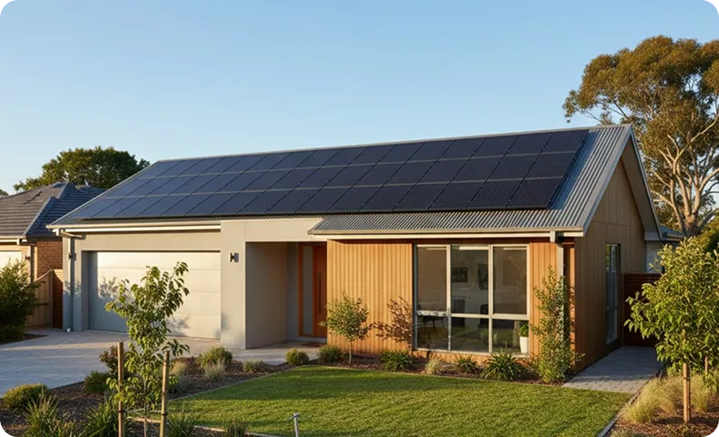 Residential house with full rooftop solar panel coverage generating clean renewable energy