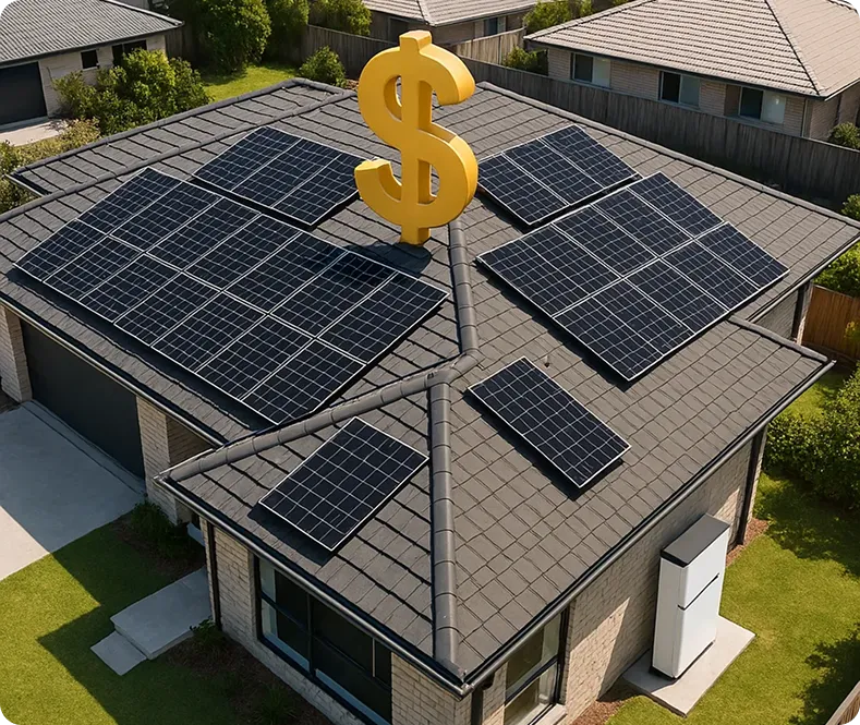 Aerial view of a home with solar panels and a giant glowing dollar sign on the roof—showing how clean energy saves money.
