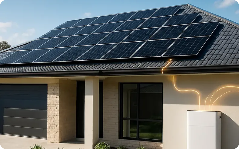 Solar panels on a modern home with glowing energy lines flowing to a battery unit—showing clean power working seamlessly for everyday life.