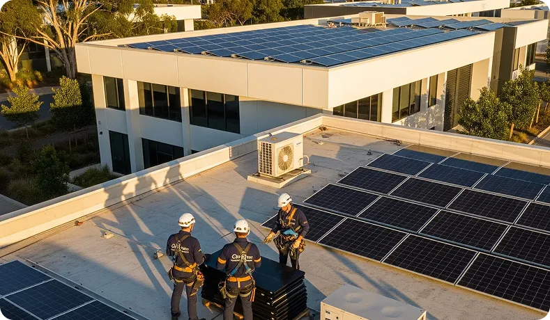 Professional solar team installing rooftop panels on a modern office building during sunset