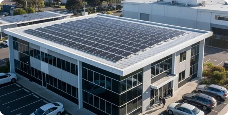 Professional office building running on solar energy with rooftop panels, parking lot, and suburban landscape