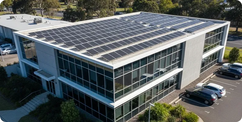 A professional office building running on solar power with panels covering the entire roof