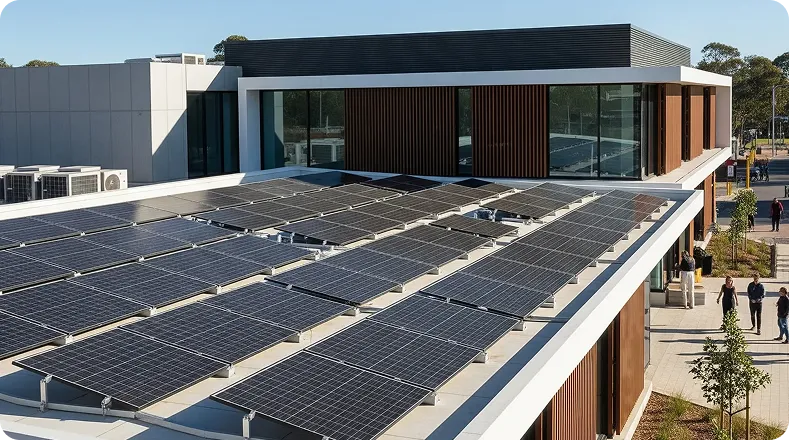 An aerial view of a modern building with solar panels on the roof, wood and glass design, and pedestrians outside
