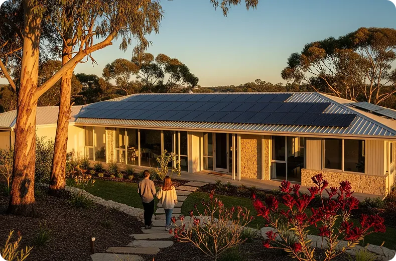 Golden hour magic: a solar-powered home nestled in nature, with two people strolling to the front door