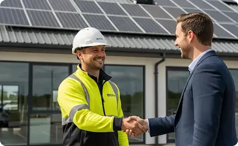 Successful solar consultation two professionals shaking hands with solar panels on the building behind them