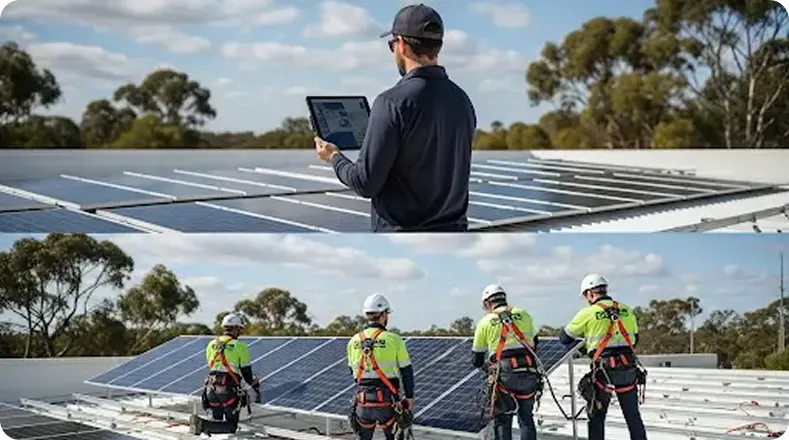 From setup to monitoring: solar crew installing panels, checking data on tablet, and inverters at work