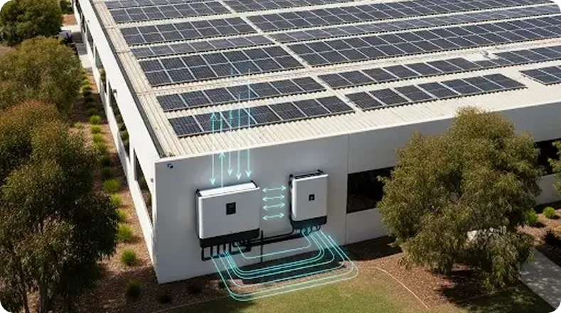 Aerial view of a building with solar panels and animated arrows showing energy moving to inverters.