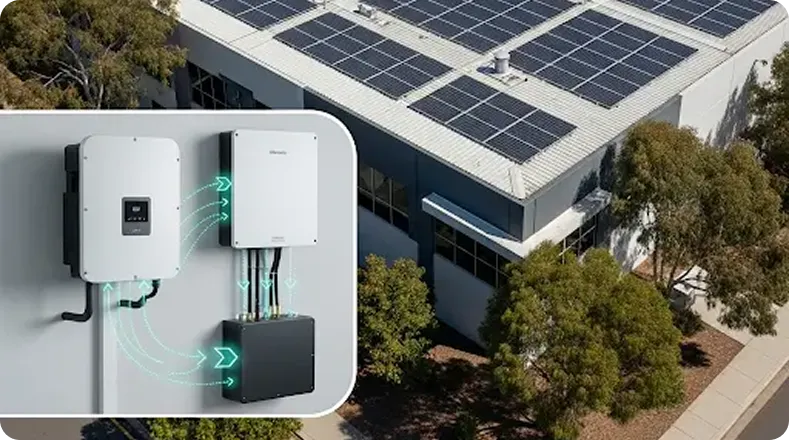 Industrial solar installation rooftop panels generating clean energy with inverters managing power flow.