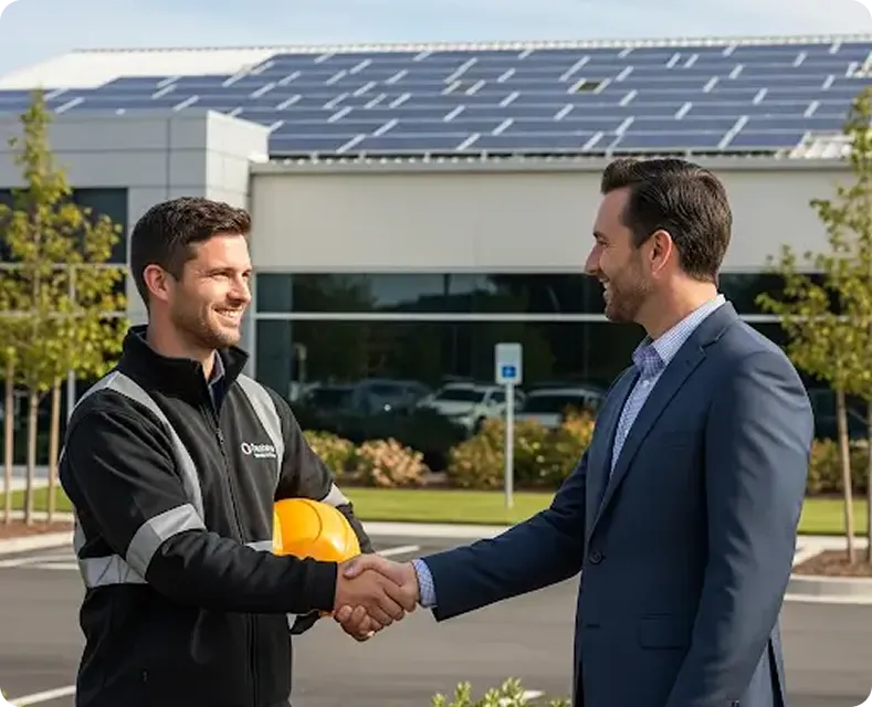 Smiling solar expert and client sealing a deal with a handshake under sunny skies