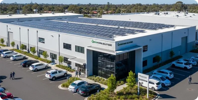 Aerial view of Green Power Solutions' office with full solar panel coverage on the roof, parking lot, and sunny blue skies