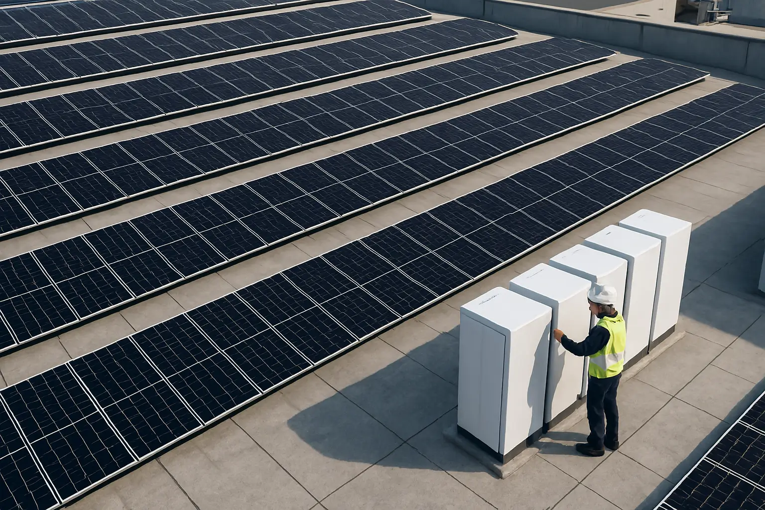 Professional solar maintenance: technician working on solar battery for a commercial rooftop solar system.