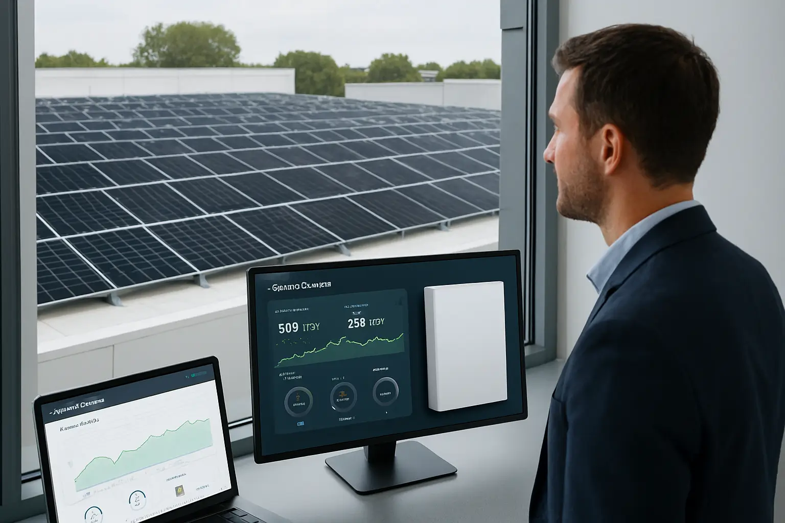 A professional watching real-time solar energy data on computer screens, with solar panels visible through the office window