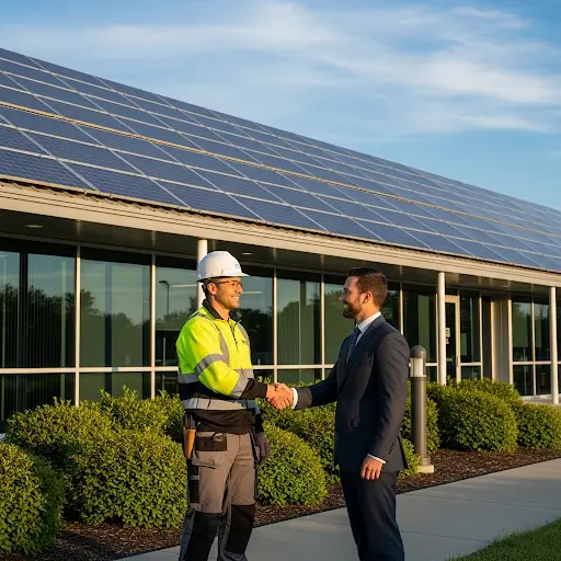 Successful solar consultation: two professionals shaking hands with solar panels visible on the building roof.