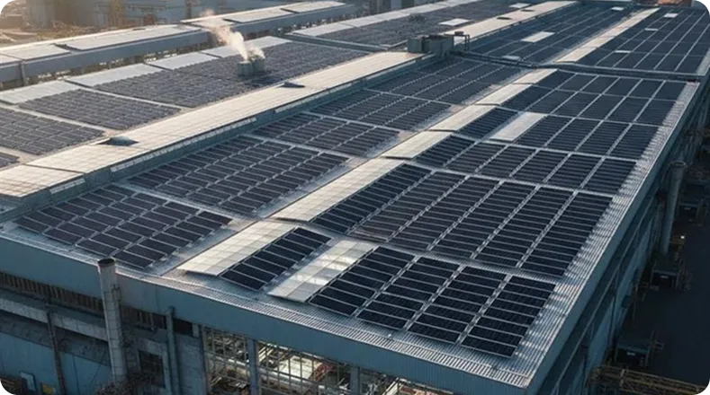 Aerial view of a massive factory roof covered in solar panels, with cranes and steam rising in the background at sunset.