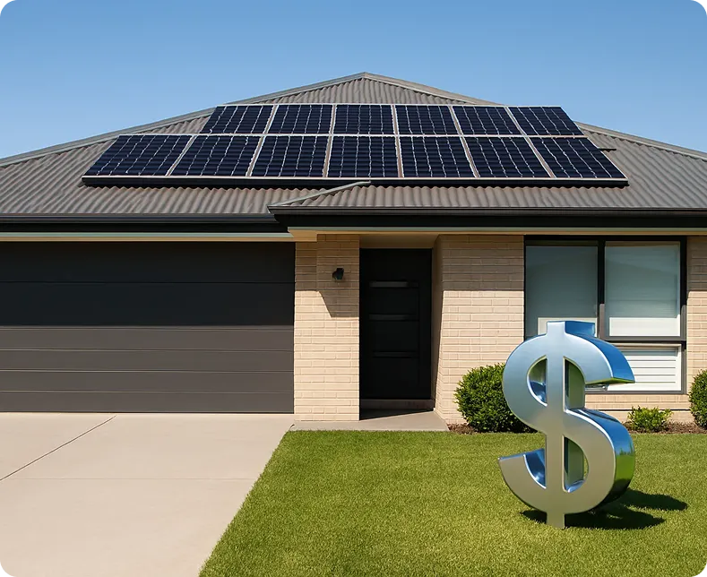 This is how solar pays off! modern home with rooftop panels and a big metallic dollar sign glowing on the lawn.