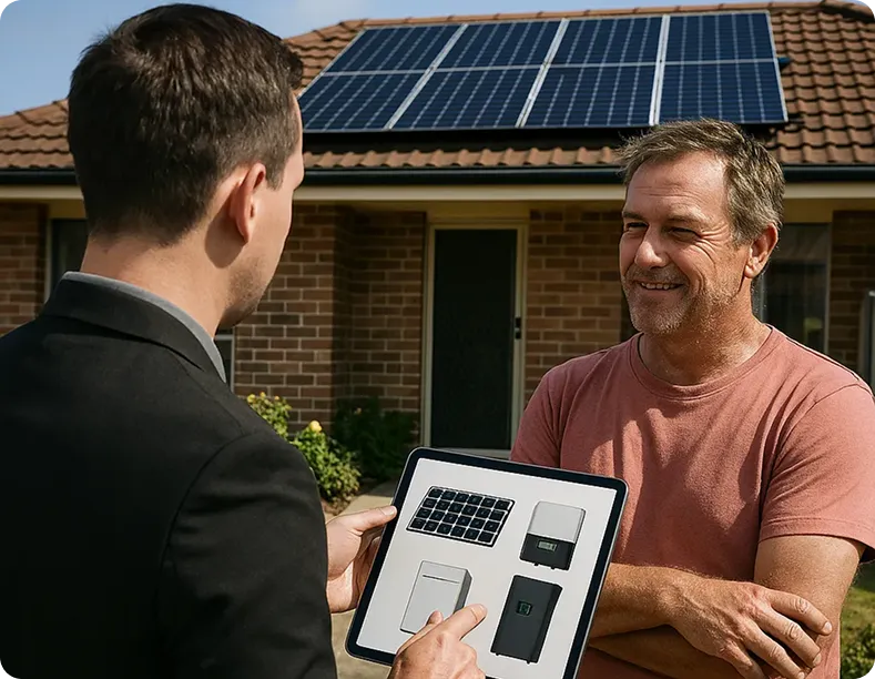 Easy solar explanation moment: consultant showing panel and battery visuals on tablet, homeowner listening with a smile