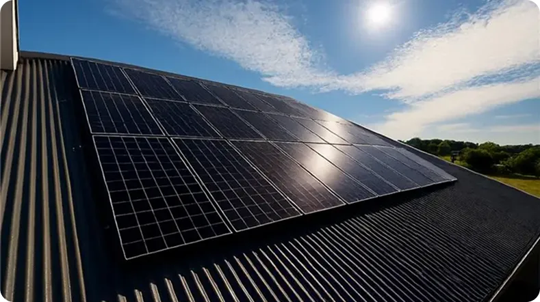 Close-up of solar panels catching the sun’s rays, smooth black tiles on a corrugated roof, clear sky behind