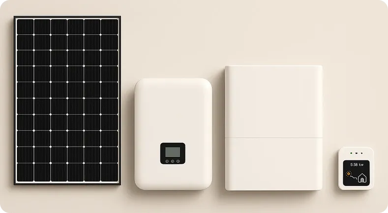 Close-up of a home solar energy system: panel, inverter, and monitor displaying power usage