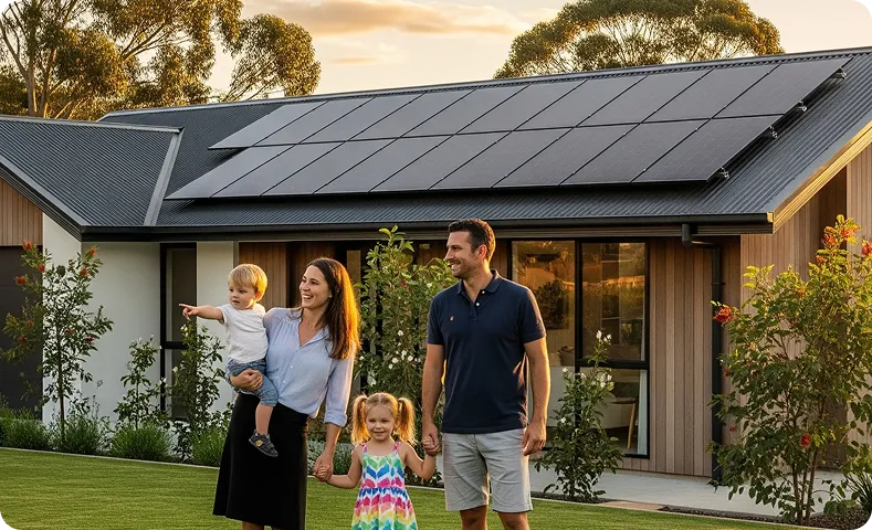 Smiling parents with two children enjoying evening light outside their modern house with rooftop solar panels