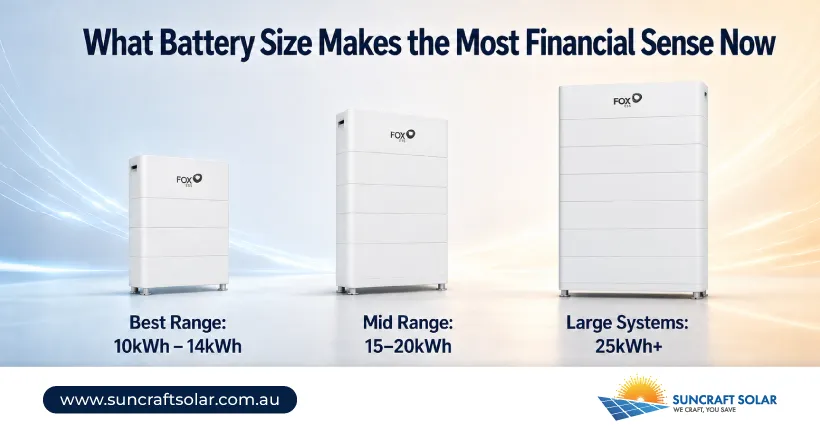 showing three white solar batteries: a 10kWh to 14kWh best range unit, a 15 to 20kWh mid-range unit, and a large 25kWh plus system.
