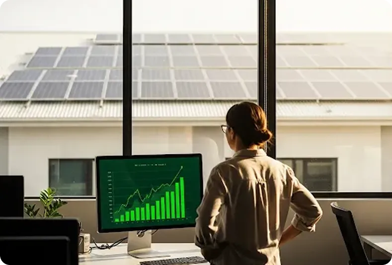 A woman watching a green growth chart on her computer, with solar panels visible through the office window