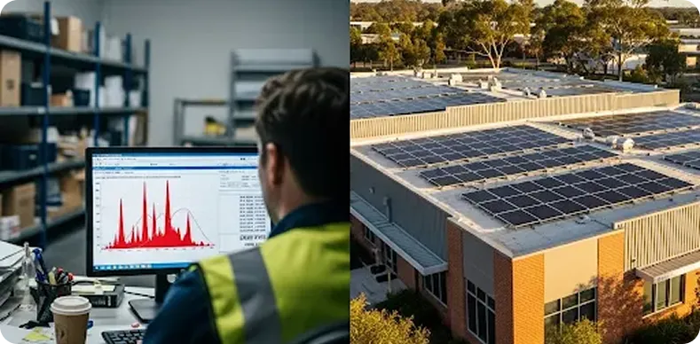A worker in a safety vest tracking solar energy data on a computer, next to a building with rooftop solar panels