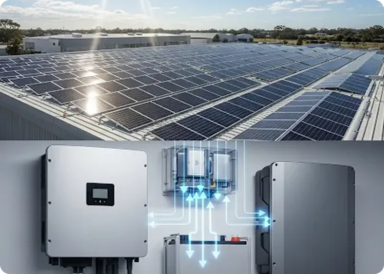 Sunlight hitting solar panels on a warehouse roof, with inverters and a modern factory floor below