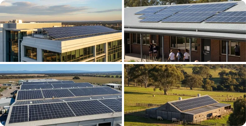 Collage showing solar panels on a modern office, school, warehouse, and farm building