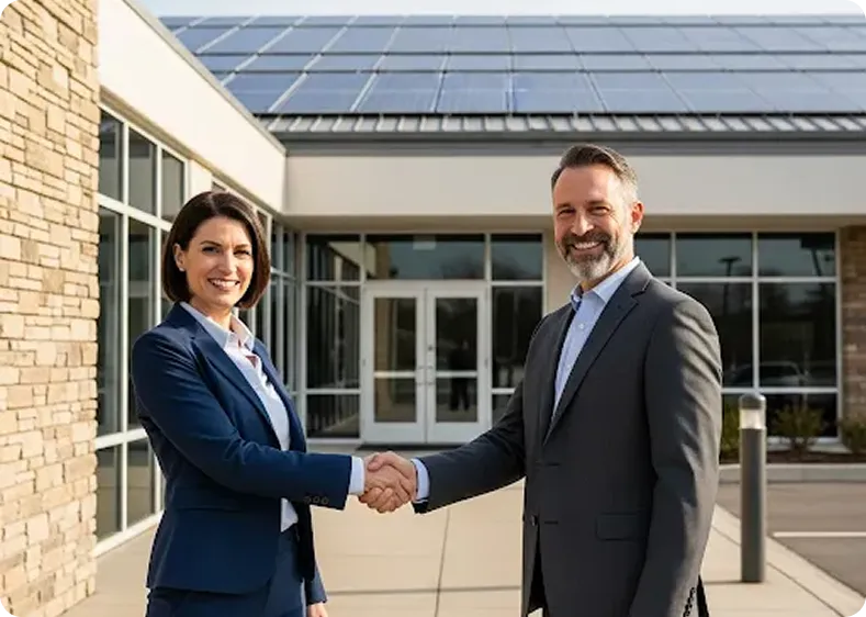 Smiling business partners sealing a solar energy deal outside a modern building