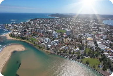 Aerial view of Central Coast waterfront and townscape, New South Wales, Australia
