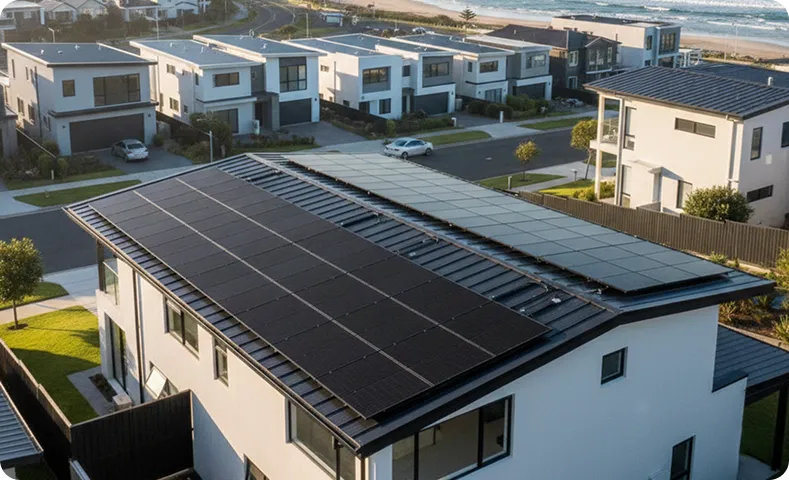 Aerial view of modern Australian beachside homes equipped with high-efficiency rooftop solar panels overlooking the coastline.
