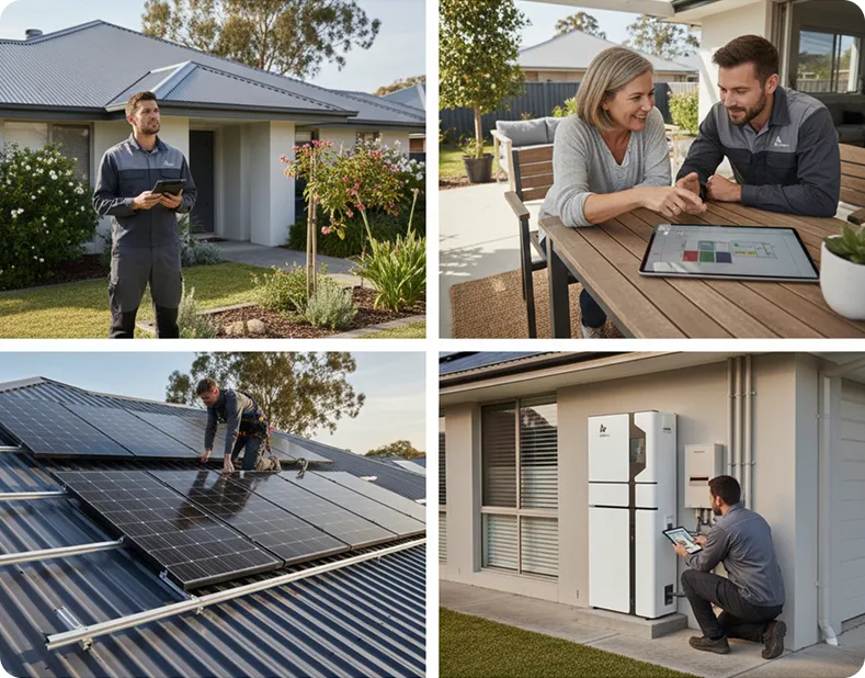 Step-by-step solar installation visuals showing site assessment, system design, rooftop panel installation, and final battery connection by accredited technicians.