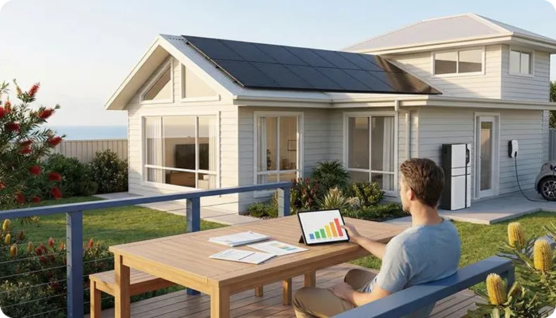Homeowner standing in front of a house with rooftop solar panels, reviewing solar rebate documents under bright daylight in NSW.