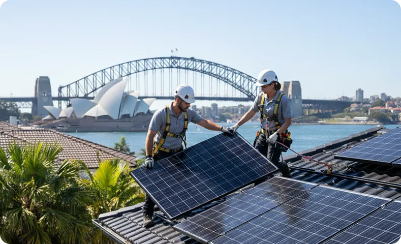 Certified solar installers fitting premium rooftop solar panels on a Sydney home, with the Sydney Harbour Bridge and Opera House in the background, showcasing professional solar installation services in Australia.