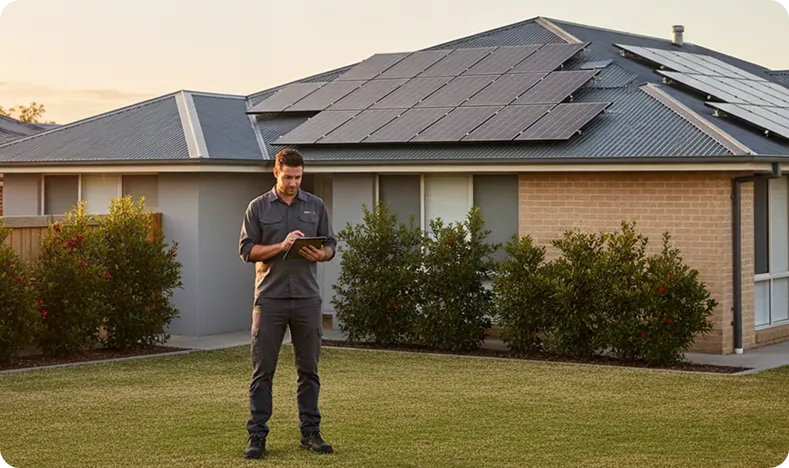 Solar technician wearing safety gear installing solar panels on a tiled roof during sunset, ensuring professional and compliant solar installation in NSW.