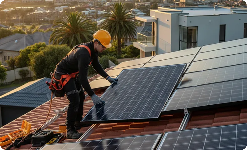 Professional solar installer fitting rooftop solar panels on an Australian home, demonstrating expert solar installation services with coastal city views.
