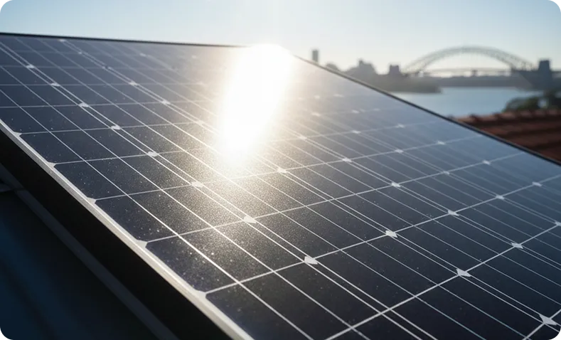 Close-up of premium rooftop solar panels capturing sunlight with the Sydney Harbour Bridge in the background, highlighting high-efficiency solar energy production in Sydney, Australia.