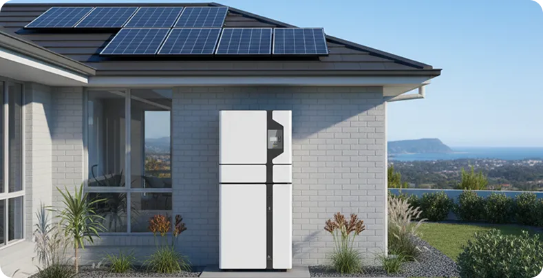 Modern Australian home with rooftop solar panels and two energy storage battery units installed near the garage, representing solar battery and storage solutions in NSW.