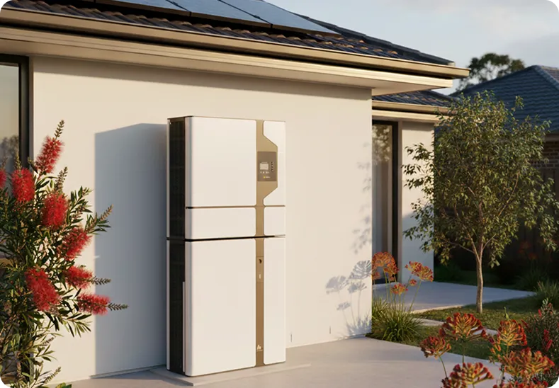 Australian home with rooftop solar panels and an advanced wall-mounted solar battery installed outdoors, surrounded by garden plants, showcasing a clean and energy-efficient solar setup in Sydney.