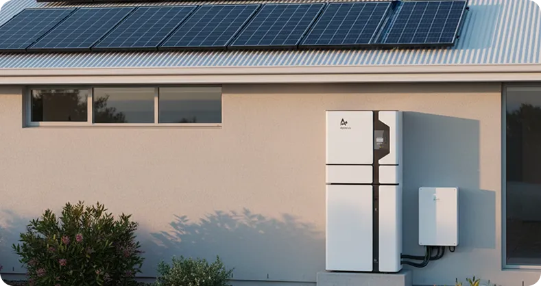 Solar battery installed on a modern Australian home, mounted correctly on a concrete base with rooftop panels above, showcasing reliable nighttime and blackout-ready power storage.