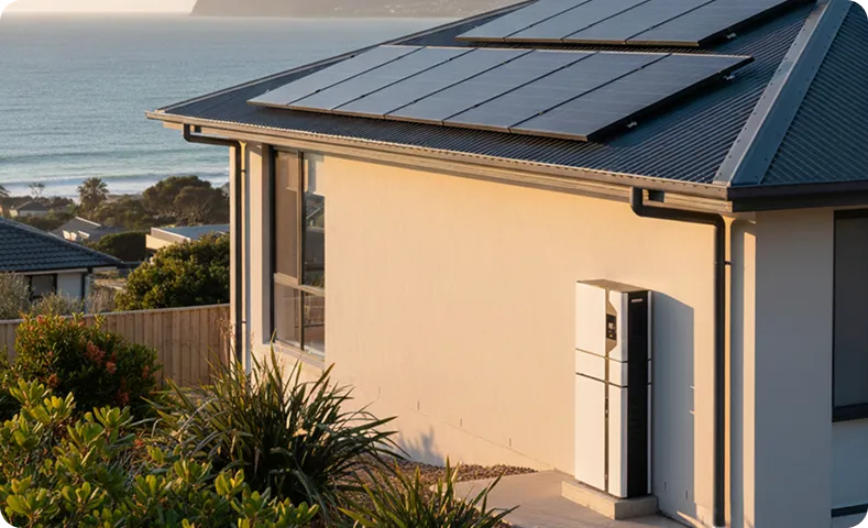 Australian home with rooftop solar system and outdoor solar battery unit, positioned near the coastline during sunset.