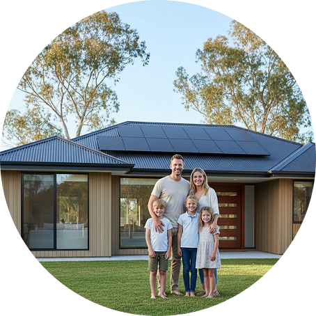 Happy Australian family in front of their modern home featuring rooftop solar panels, promoting eco-friendly solar power for households.