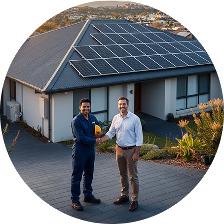 Homeowner shaking hands with a solar installer in front of a modern house equipped with a large rooftop solar panel system, showcasing professional residential solar installation services in Australia.