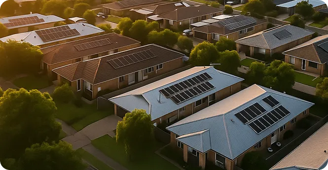 Aerial view of a suburban NSW neighbourhood with multiple homes featuring solar panel systems during sunrise, representing solar adoption and sustainability in NSW.