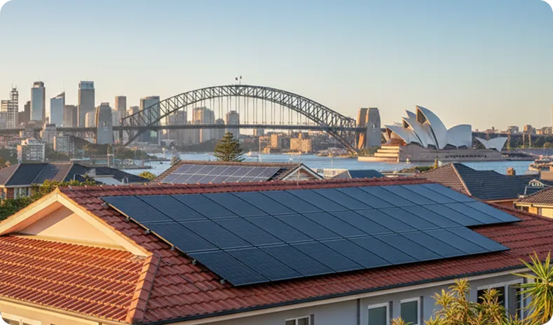 Modern Sydney home with rooftop solar panels overlooking the Sydney Harbour Bridge and Opera House during a bright, clear morning.
