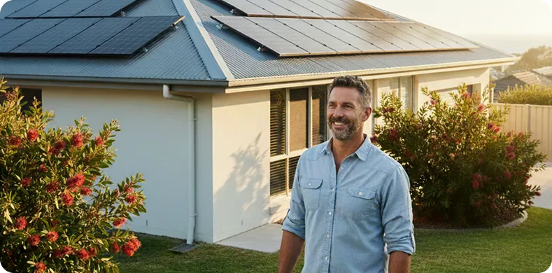 Happy Central Coast homeowner standing outside a solar-powered home, reflecting long-term reliability, trusted service, and proven performance.