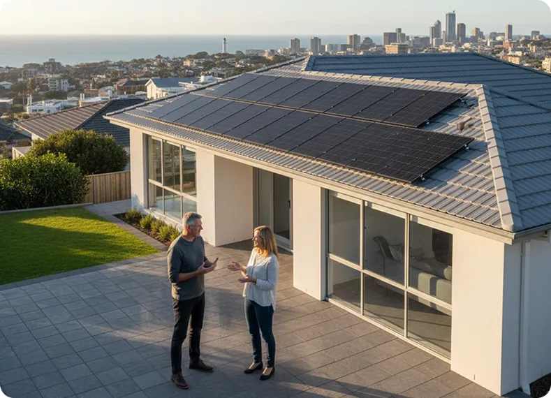 Australian home with rooftop solar panels overlooking the city, with homeowners discussing solar installation benefits and energy savings.
